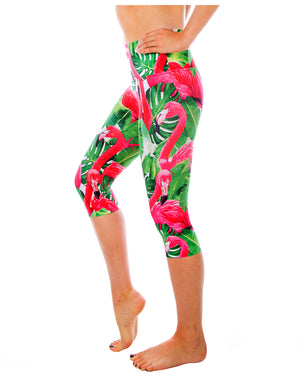 Pink Flamingo Fly Girl Capri Yoga Pants