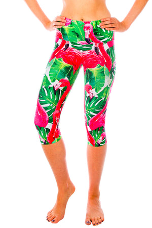 Pink Flamingo Fly Girl Capri Yoga Pants